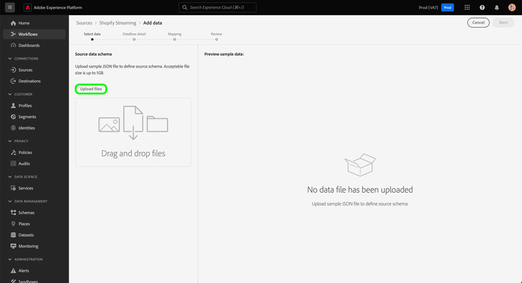 Der Schritt Daten hinzufügen des Ursprungs-Workflows.