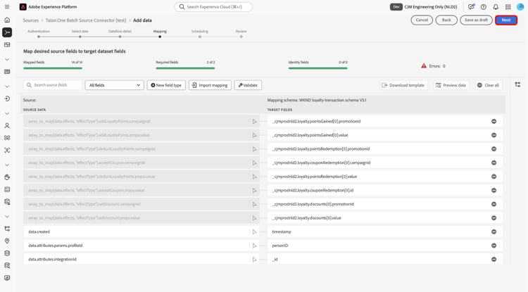 Die Zuordnungsschnittstelle des Quell-Workflows.