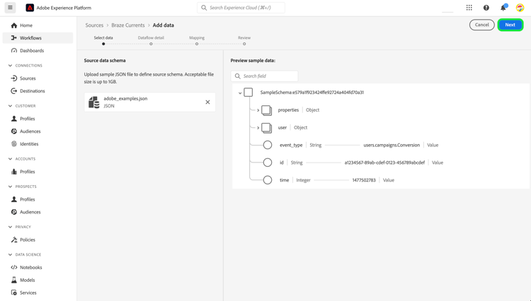 Der Schritt „Daten auswählen“ des Quell-Workflows
