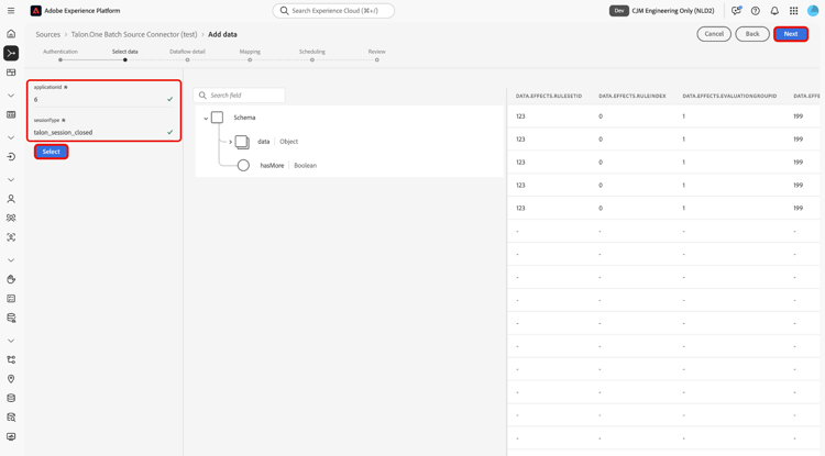 Die Schritte „Daten auswählen“ und „Vorschau“ des Quell-Workflows.