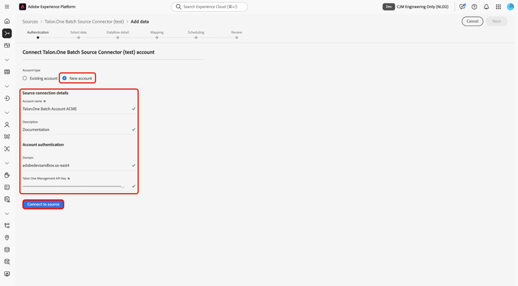 Der Schritt „Neues Konto erstellen“ des Quell-Workflows.