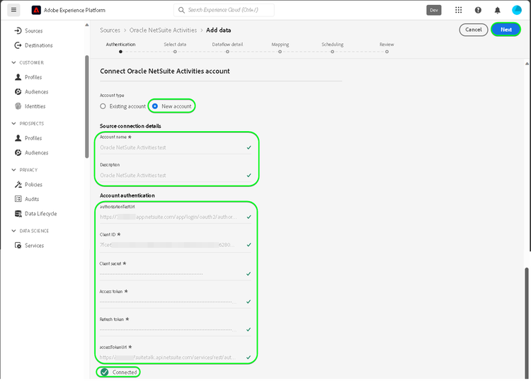 Screenshot der Platform-Benutzeroberfläche zum Verbinden des Oracle NetSuite Activities-Kontos mit einem neuen Konto