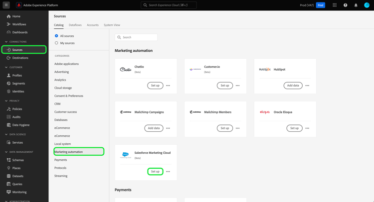 Der Quellkatalog mit der ausgewählten Salesforce-Marketing Cloud-Quelle.