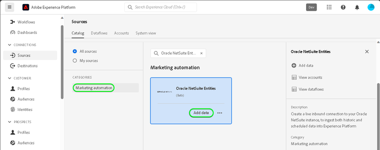 Platform-UI-Screenshot für Katalog mit Oracle NetSuite-Entitätskarte