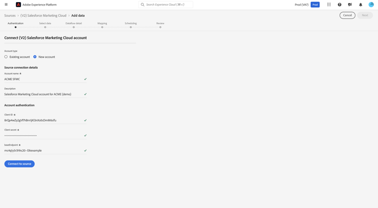 Die neue Kontoschnittstelle des Quell-Workflows.