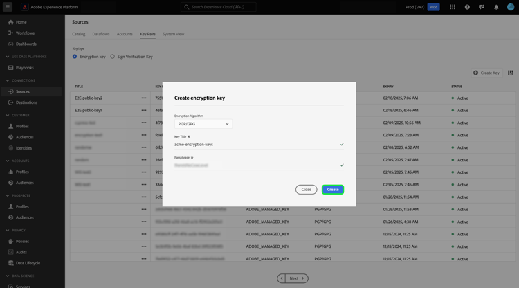 Das Fenster zur Erstellung des Verschlüsselungsschlüssels, in dem ein Titel und eine Passphrase angegeben sind.