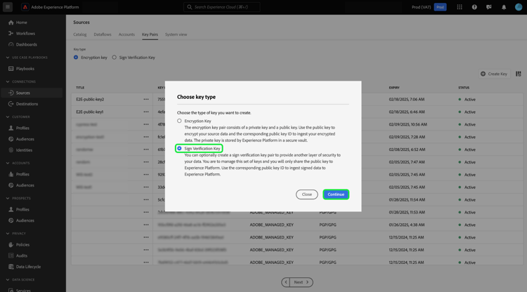Das Auswahlfenster für den Schlüsseltyp, in dem der Bestätigungsschlüssel für das Zeichen ausgewählt ist.