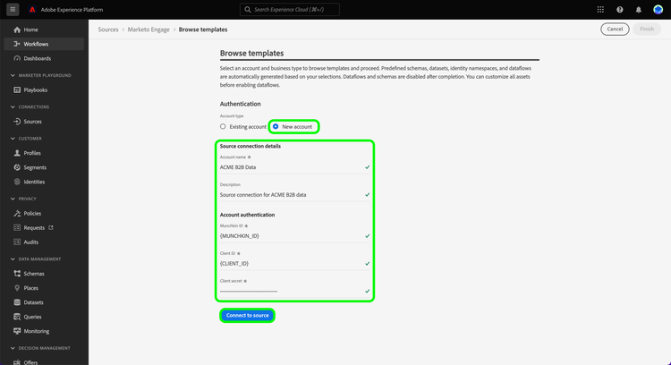 Die Authentifizierungsseite für ein neues Konto mit Details zur Quellverbindung und Anmeldeinformationen zur Kontoauthentifizierung.