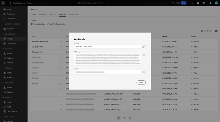 Das Fenster, das Informationen zu dem neu erstellten Verschlüsselungsschlüsselpaar anzeigt.