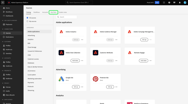 Der Quellkatalog mit ausgewählter Kopfzeile „Schlüsselpaare“.