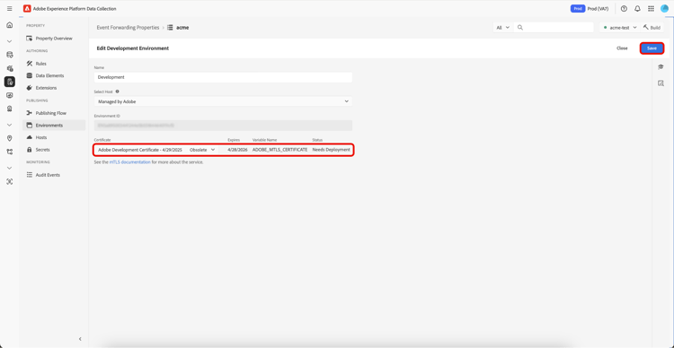 Die Seite „Entwicklungsumgebung bearbeiten“, auf der Certificate Dropdown-Menü mit veraltetem Zertifikat und „Speichern“ hervorgehoben ist.