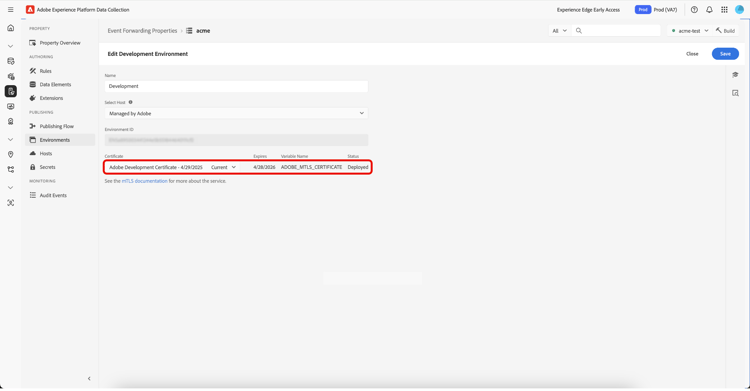 Die Seite „Entwicklungsumgebung bearbeiten“, auf der Certificate Details hervorgehoben sind.