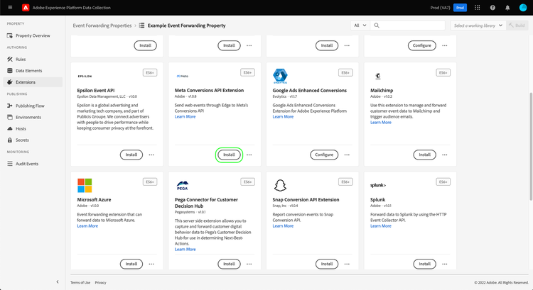 Die für die Erweiterung Meta Conversions API ausgewählte Option Installieren in der Datenerfassungs-Benutzeroberfläche.