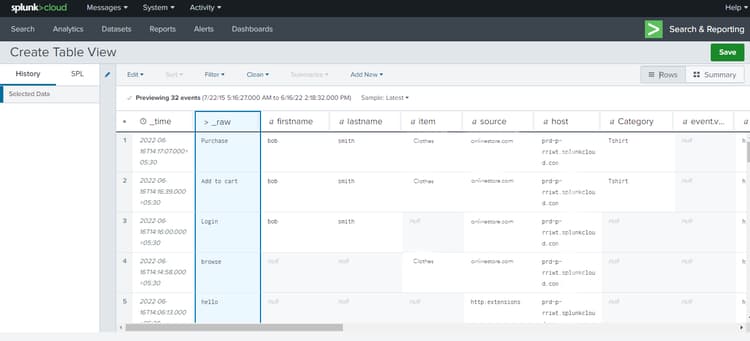 Ereignisdaten, die während der Validierung in der Splunk-Benutzeroberfläche angezeigt werden