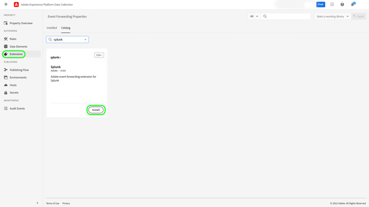 Auswahl der Schaltfläche „Installieren“ für die Splunk-Erweiterung in der Benutzeroberfläche