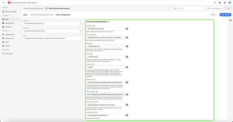 Die User Context Parameters -Abschnitt mit Beispieldaten in die Felder.