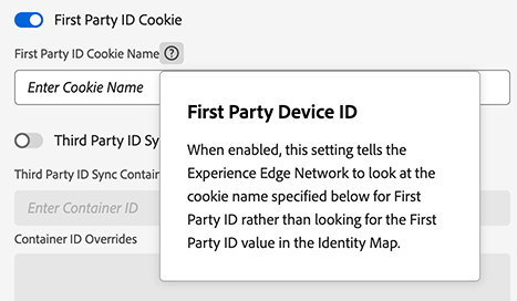 Platform-UI-Bild, das die Konfiguration des Datenspeichers anzeigt und die Einstellung des Erstanbieter-ID-Cookies hervorhebt
