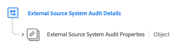 Ein Schemadiagramm für die Feldergruppe Audit-Details des externen Source-Systems.