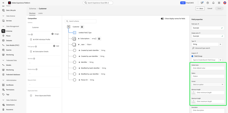 Der Schema-Editor mit den Einschränkungsfeldern, die in der Seitenleiste Feldeigenschaften hervorgehoben sind.