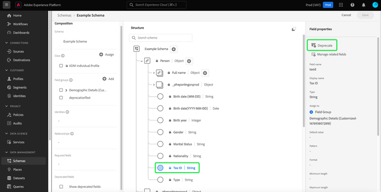 Der Schema-Editor mit einem ausgewählten Feld und der hervorgehobenen Option „Verwerfen“.