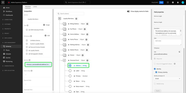 Der Schema-Editor mit hervorgehobener E-Mail-Adresse und hervorgehobenem Identitätsfeld in der Seitenleiste der Schemakomposition.