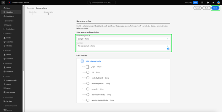 Die Name und Überprüfung Abschnitt Schema erstellen Workflow mit dem Anzeigename des Schemas, Beschreibung, und Beenden hervorgehoben.