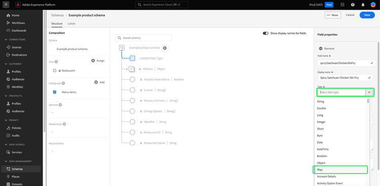 Der Schema-Editor mit dem Dropdown-Menü Typ und dem Wert Zuordnung hervorgehoben.