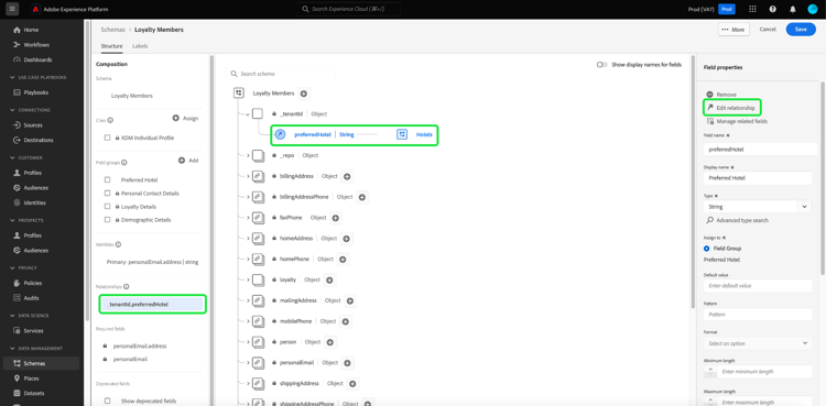 Der Schema-Editor mit dem Feld Beziehungund Beziehung bearbeitenhervorgehoben