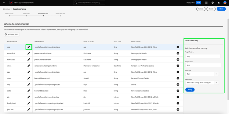 Die Phase Überprüfen und Bearbeitendes Workflows zur Schemaerstellung mit dem Stiftsymbol und dem Detailbereich wurde hervorgehoben.