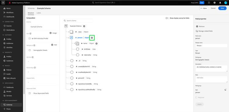 Der Schema-Editor mit dem Pluszeichen neben einem Standardobjekt hervorgehoben.