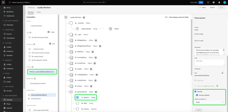 Der Schema-Editor mit der in der linken Leiste hervorgehobenen Identität des Schemas, dem im Schemadiagramm hervorgehobenen Feld und dem in den Feldeigenschaften hervorgehobenen Identitäts-Namespace.