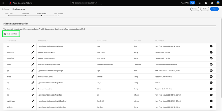 Die Phase Überprüfen und Bearbeitendes Workflows zur Schemaerstellung mit hervorgehobenem Feld Neues Feld hinzufügen