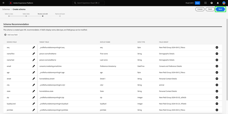 Die Phase Überprüfen und Bearbeitendes Workflows zur Schemaerstellung mit der Markierung Weiter.