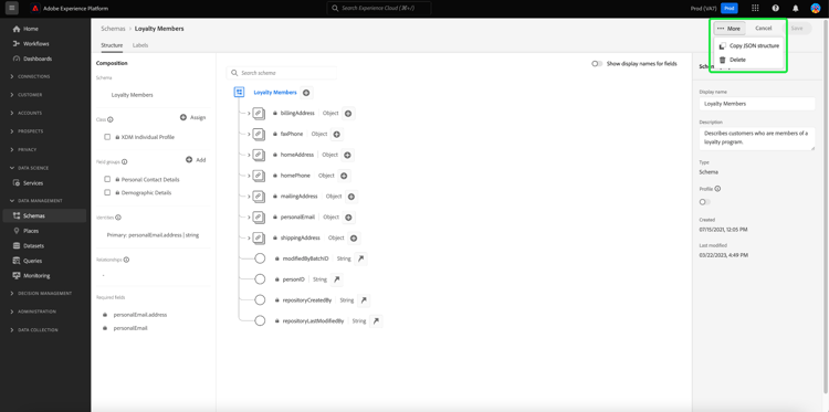 Der Schema-Editor mit Mehr und In JSON kopieren hervorgehoben.