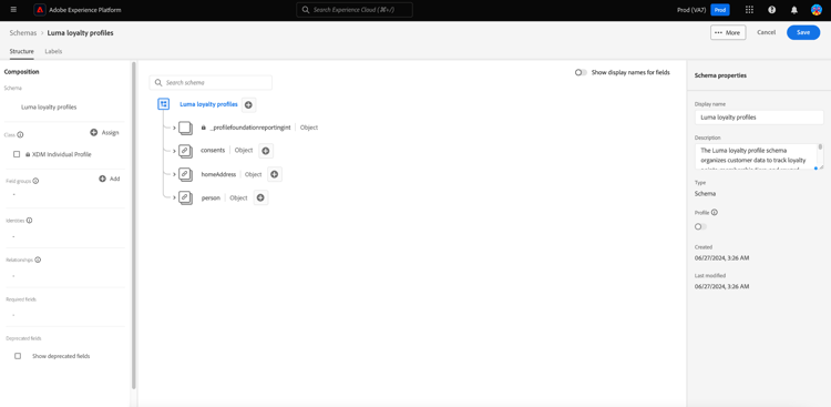 Der Schema-Editor, der Ihr benanntes ML-generiertes Schema anzeigt.