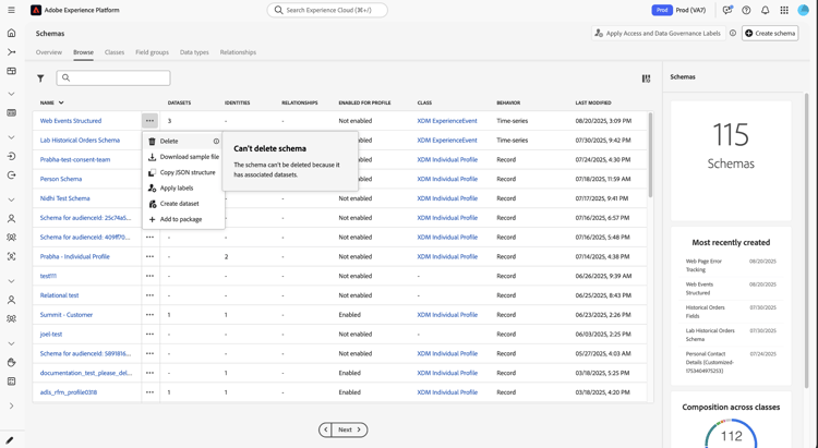 Das Schema-Inventar mit einer deaktivierten Tooltip für Inline-Löschaktionen, die die Einschränkung erklärt.