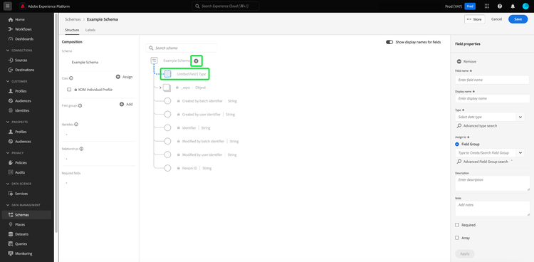 Der Schema-Editor mit einem Platzhalter für Stammfelder hervorgehoben.