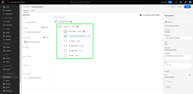 Der Schema-Editor mit der neu bearbeiteten Feldergruppe hervorgehoben.