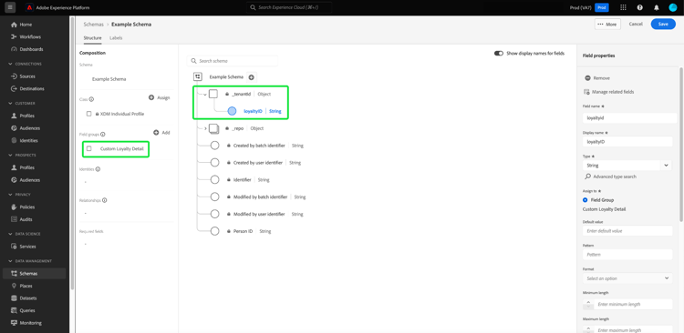 Der Schema-Editor mit dem neuen Feld, das der Arbeitsfläche hinzugefügt wird, und dem Namespace unter Ihrer Mandanten-ID. Die Feldergruppe und das Feld werden hervorgehoben.