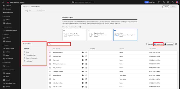 Der Create schema-Workflow mit Suchleiste, Custom und Industries hervorgehobenen Optionen.