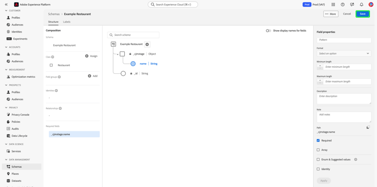 Der Schema-Editor mit hervorgehobener Speichern-Option.