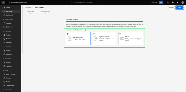 Der Workflow Schema erstellen mit den drei Klassenoptionen und Weiter hervorgehoben.