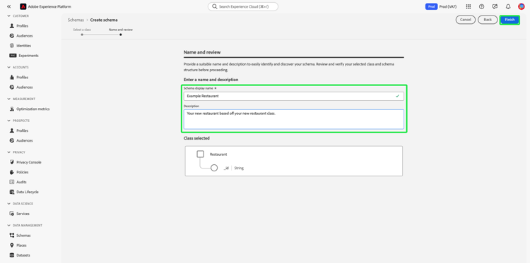 Der Name und Überprüfung des Workflows Schema erstellen mit den hervorgehobenen Anzeigename des Schemas, Beschreibung und Beenden.