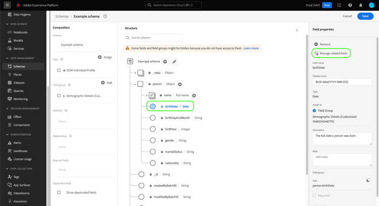 Die Schema Editor mit zugeordneten Feldern verwalten hervorgehoben.