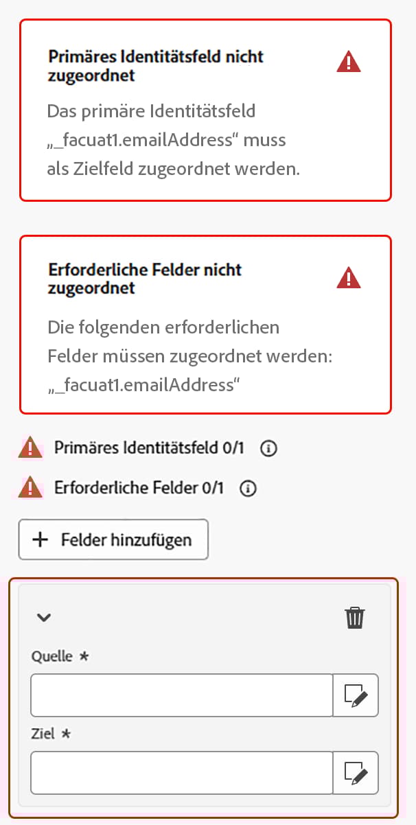 Die Felder „Quelle“ und „Ziel“ sind hervorgehoben und zeigen an, wo die Zuordnung zwischen den Feldern erstellt werden soll