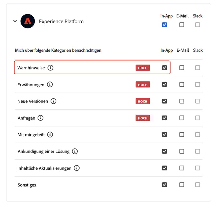 Das Kontrollkästchen „In-App“ ist im Abschnitt „Experience Platform“ aktiviert.