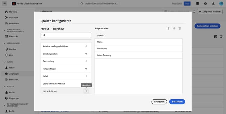 Eine Liste der verfügbaren Spalten wird angezeigt, die Sie der Seite zum Durchsuchen von Kompositionen hinzufügen können.