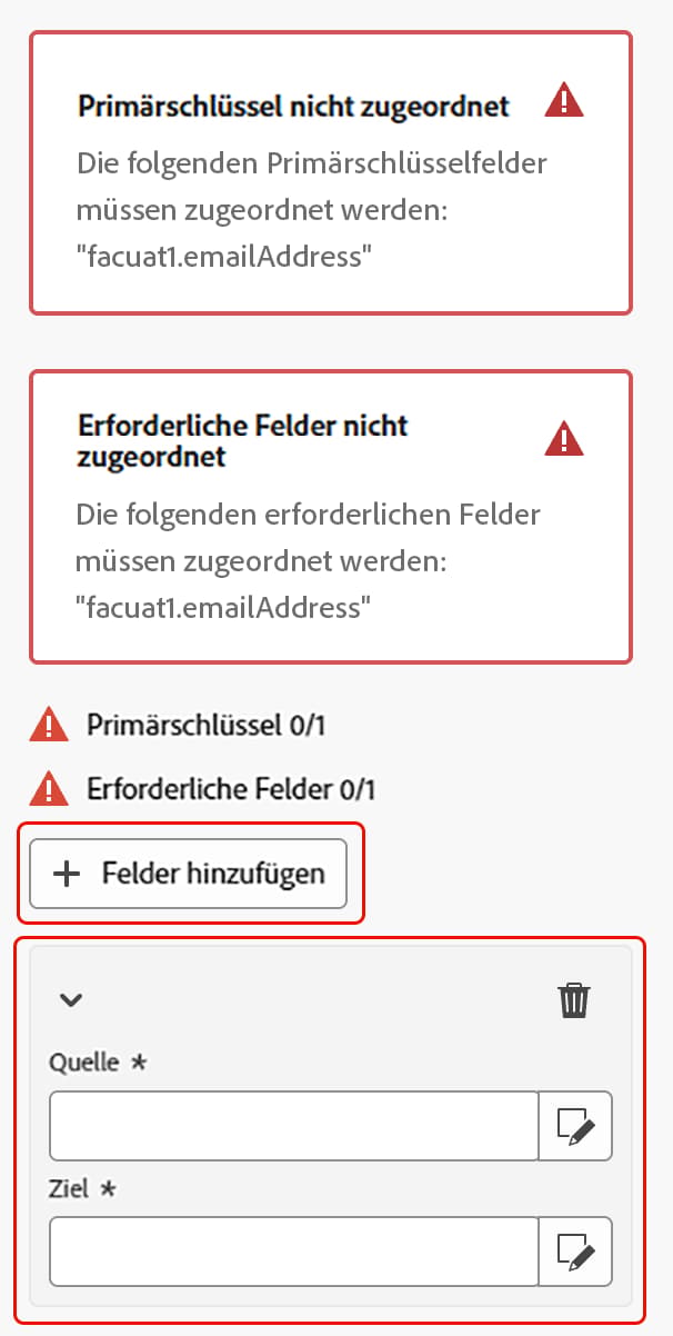 Die Schaltfläche zum Hinzufügen von Feldern und der Abschnitt zur Feldzuordnung sind hervorgehoben.