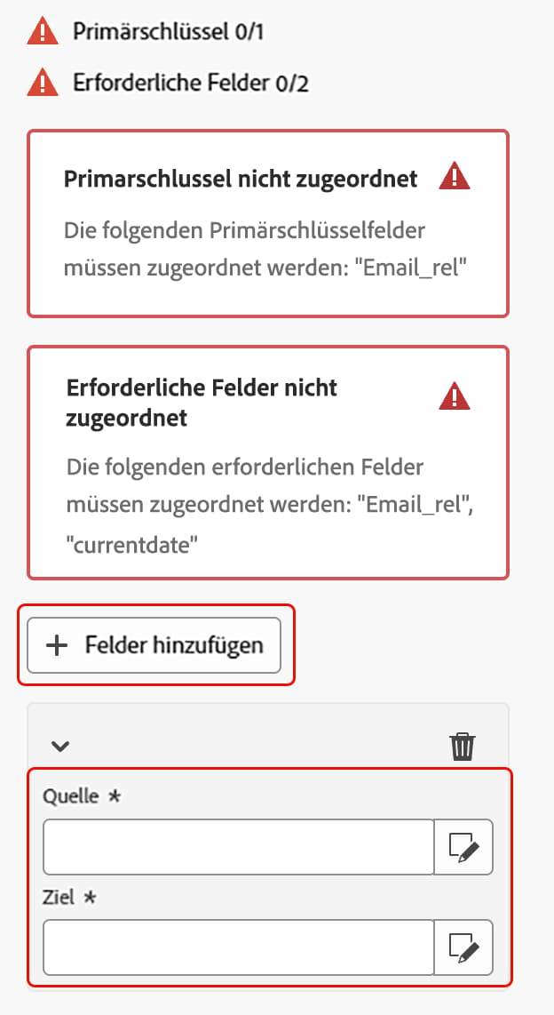 Die Schaltfläche zum Hinzufügen von Feldern und der Abschnitt zur Feldzuordnung sind hervorgehoben.