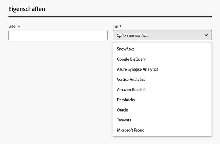 Die Typen der föderierten Datenbanken werden angezeigt.